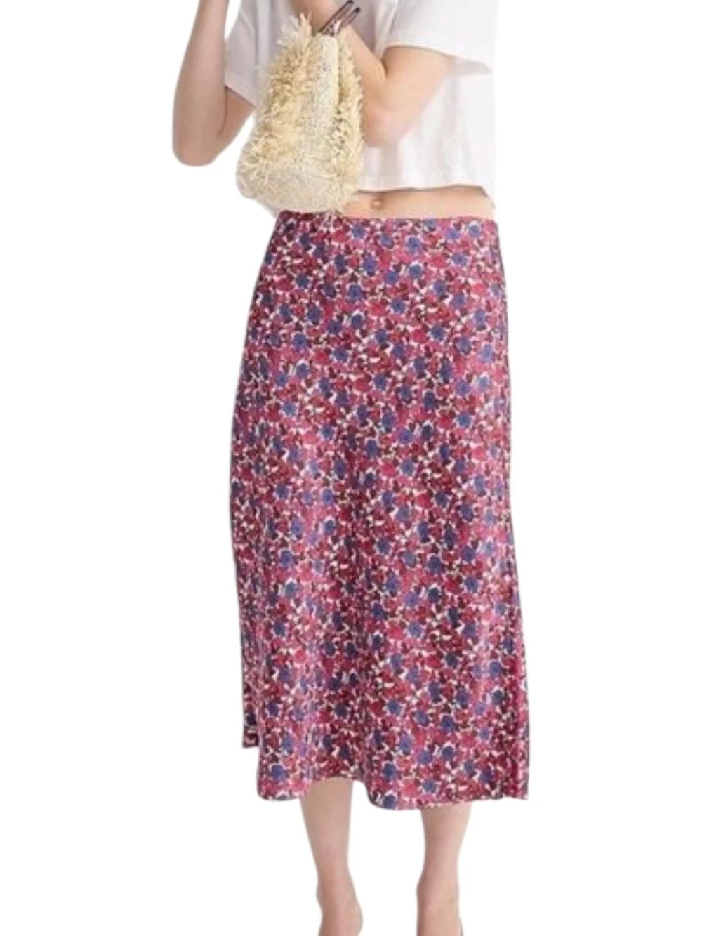 J.Crew Gwyneth Slip Skirt Berry Floral Midi A-Line Size M